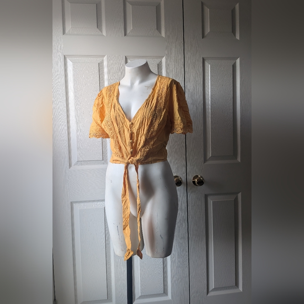 Forever 21 Mustard Lace Tie-Front Blouse